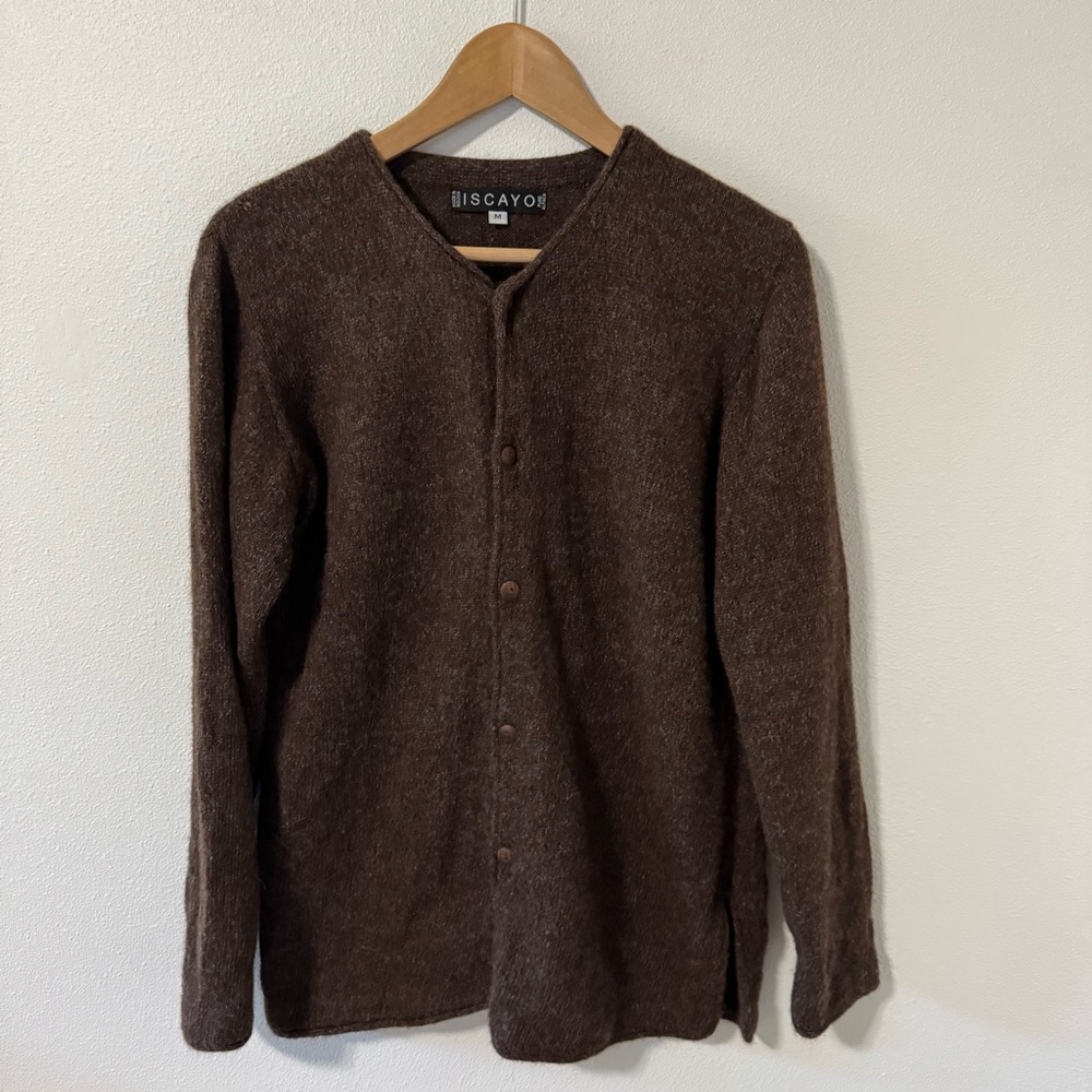 Scayo Alpaca Knit Button Cardigan Chocolate Brown Side Slit Minimalist-Medium